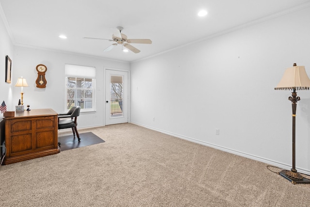 office area with baseboards, recessed lighting, ceiling fan, crown molding, and carpet flooring