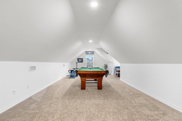 game room with visible vents, billiards, carpet flooring, baseboards, and vaulted ceiling