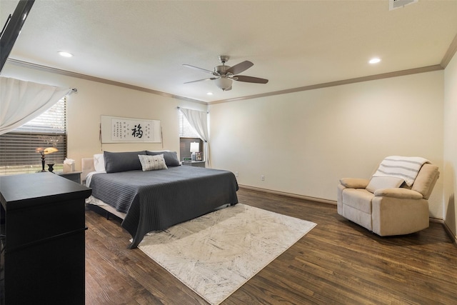 bedroom featuring visible vents, ceiling fan, ornamental molding, recessed lighting, and wood finished floors