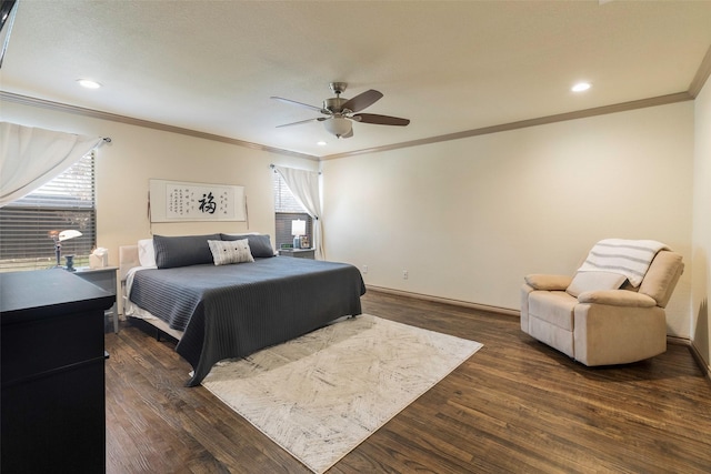 bedroom with recessed lighting, dark wood-type flooring, ornamental molding, and a ceiling fan