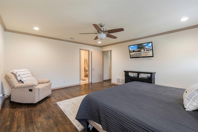 bedroom with a ceiling fan, recessed lighting, wood finished floors, and baseboards