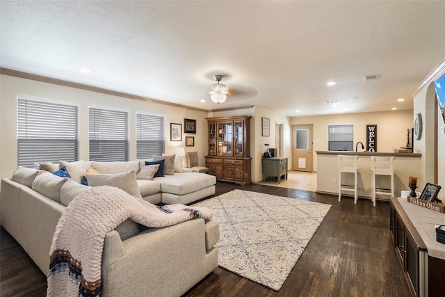 living area with visible vents, crown molding, a textured ceiling, and dark wood-type flooring