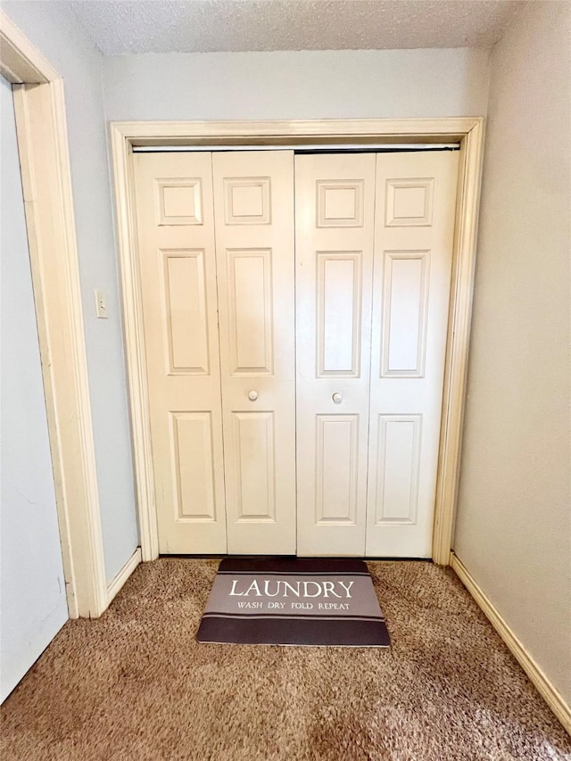 details with baseboards, a textured ceiling, and carpet