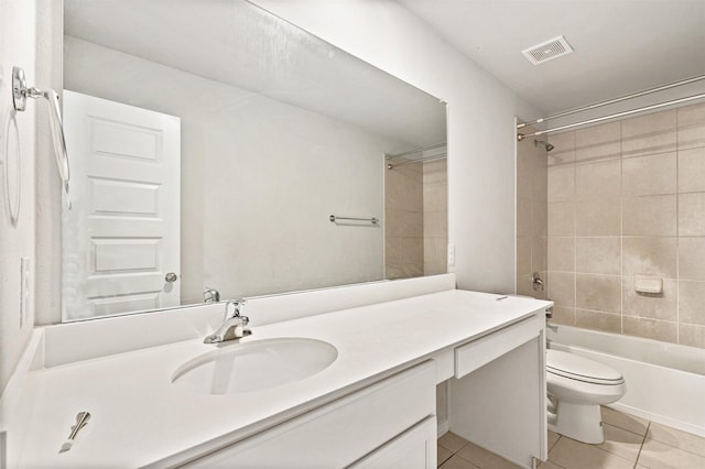 full bathroom featuring visible vents, toilet, shower / bathtub combination, tile patterned floors, and vanity