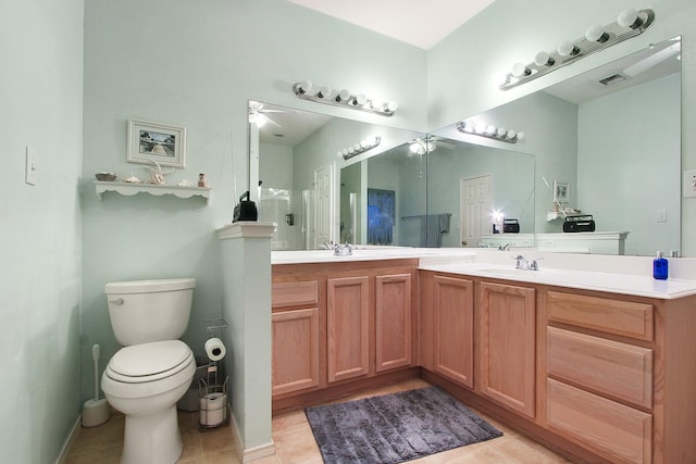 bathroom featuring tile patterned flooring, visible vents, toilet, and double vanity