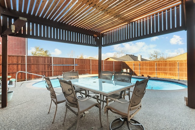 view of patio featuring outdoor dining space, a fenced in pool, and a fenced backyard