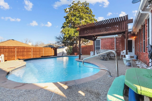 view of swimming pool with a fenced in pool, a patio, a pergola, and a fenced backyard