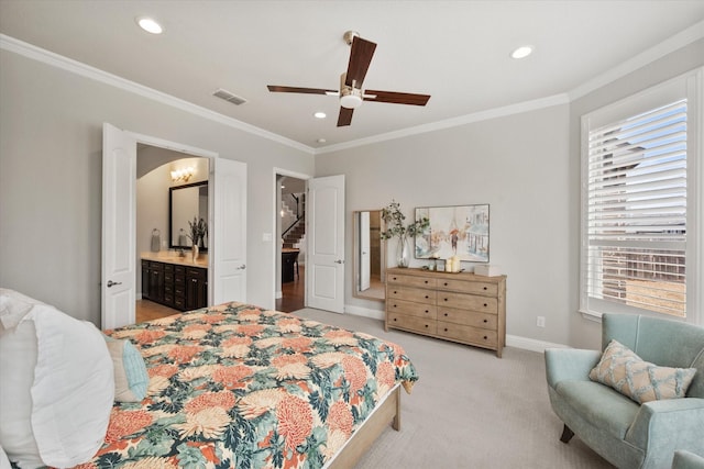 bedroom featuring visible vents, crown molding, baseboards, light colored carpet, and recessed lighting