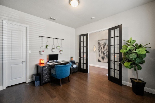 home office with french doors, baseboards, visible vents, and wood finished floors