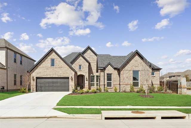 french country style house with driveway, brick siding, roof with shingles, and a front yard