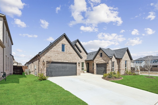 french country inspired facade featuring a front lawn, brick siding, concrete driveway, and an attached garage