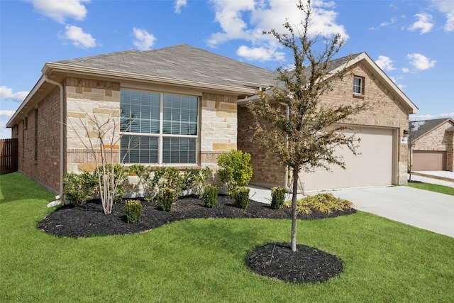 ranch-style home with brick siding, concrete driveway, a front yard, stone siding, and an attached garage