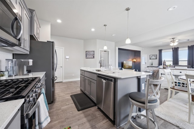 16032 Bronte Ln, Fort Worth, TX 76247 - kitchen with light wood-style flooring, recessed lighting, appliances with stainless steel finishes, a sink, and gray cabinetry