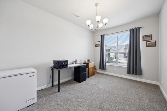 16032 Bronte Ln, Fort Worth, TX 76247 - office area with a chandelier, visible vents, light carpet, and baseboards