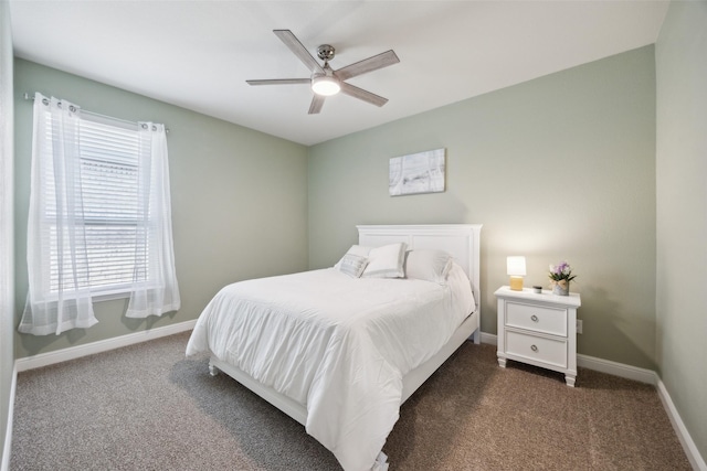 16032 Bronte Ln, Fort Worth, TX 76247 - bedroom with baseboards, dark carpet, and a ceiling fan