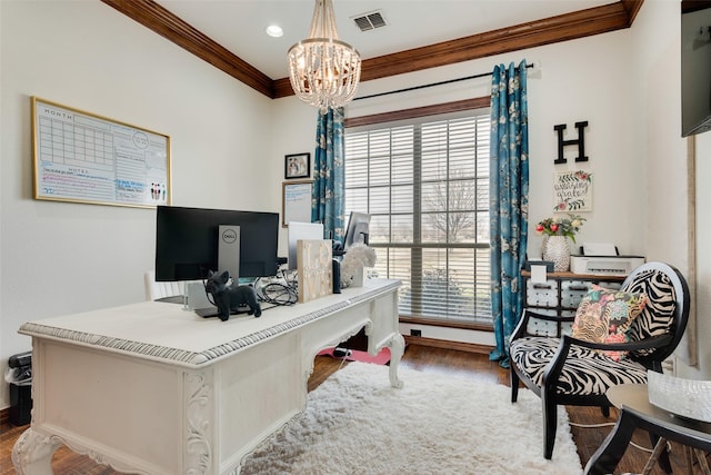 home office with visible vents, ornamental molding, recessed lighting, an inviting chandelier, and wood finished floors