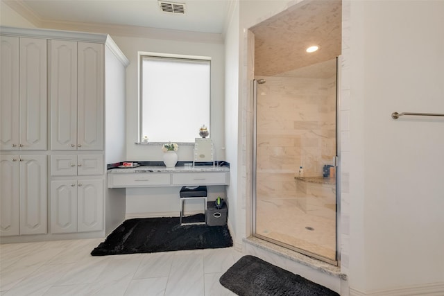 full bathroom with visible vents, a shower stall, and crown molding