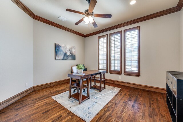 office with baseboards, dark wood-type flooring, a ceiling fan, and crown molding