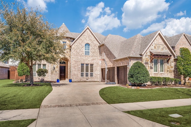 french country style house with a front lawn, driveway, stone siding, roof with shingles, and brick siding