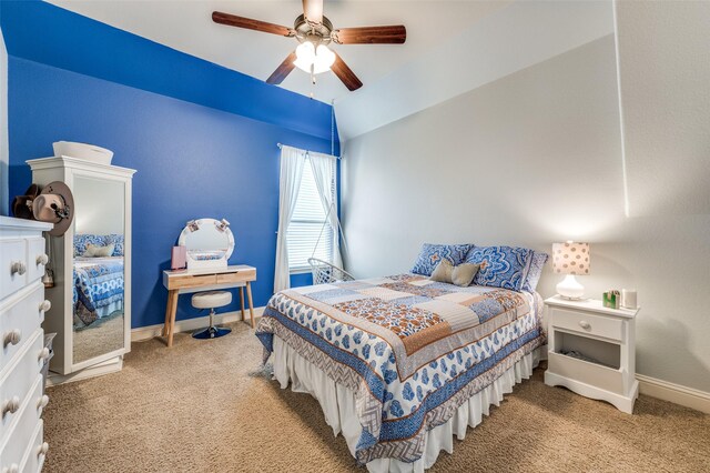 bedroom with baseboards, ceiling fan, and carpet floors