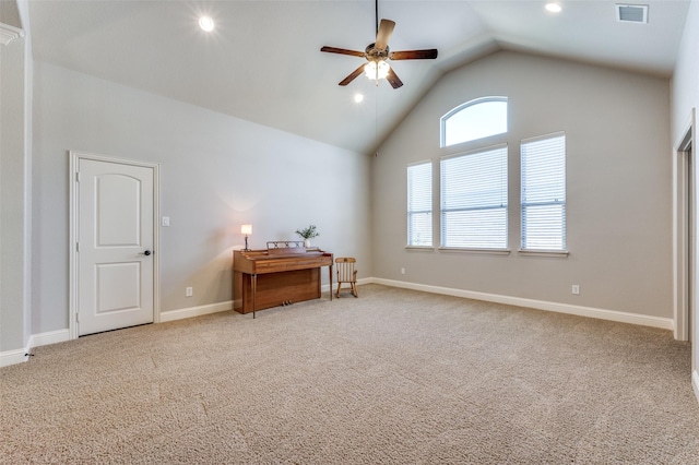 interior space featuring recessed lighting, ceiling fan, high vaulted ceiling, visible vents, and baseboards