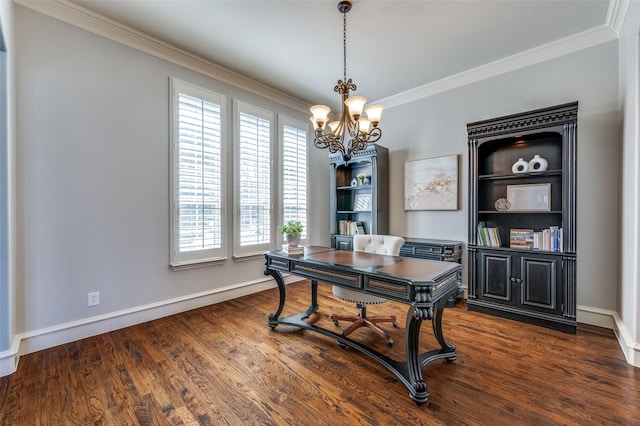 home office featuring baseboards, dark wood-type flooring, a chandelier, and crown molding