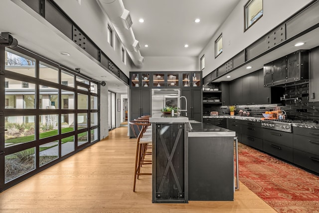 kitchen with appliances with stainless steel finishes, a kitchen breakfast bar, light wood-type flooring, and dark cabinets