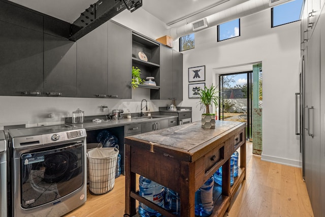 kitchen with visible vents, a sink, stainless steel counters, open shelves, and washer / dryer