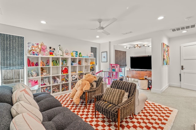 interior space featuring visible vents, baseboards, ceiling fan, carpet flooring, and recessed lighting