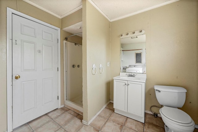 full bathroom featuring toilet, ornamental molding, a shower stall, baseboards, and vanity