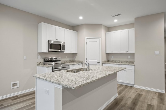 kitchen with visible vents, white cabinets, appliances with stainless steel finishes, and a sink