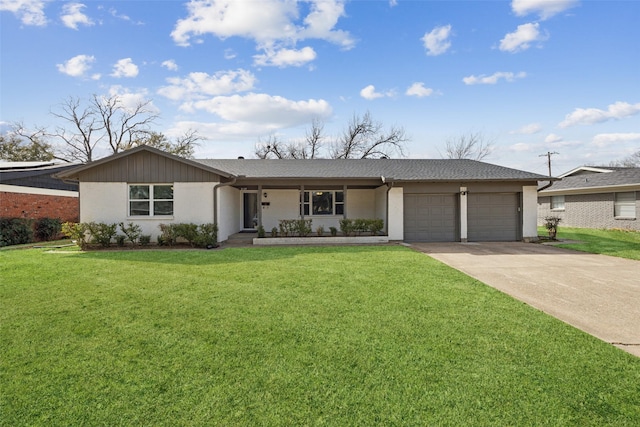 ranch-style house with a garage, concrete driveway, and a front lawn