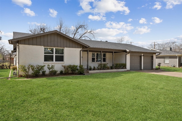 ranch-style home with driveway, roof with shingles, a front lawn, a garage, and brick siding