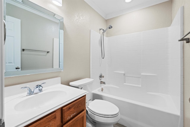 full bath with vanity, shower / tub combination, toilet, and ornamental molding