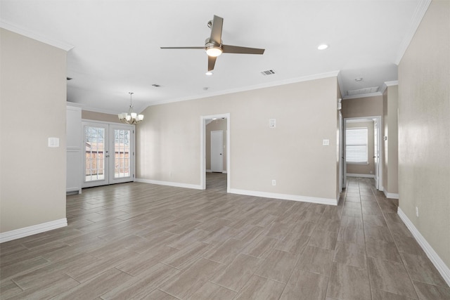 unfurnished living room with baseboards, visible vents, french doors, and light wood-type flooring