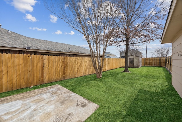 view of yard with a storage unit, a patio, an outbuilding, and a fenced backyard