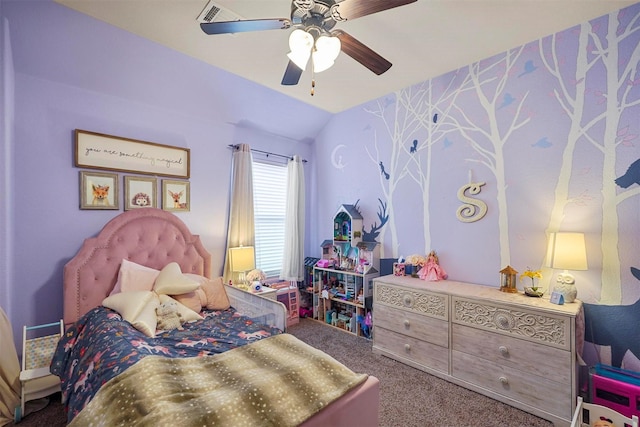 carpeted bedroom featuring lofted ceiling and a ceiling fan