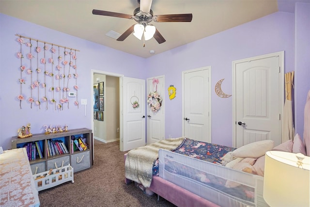 carpeted bedroom featuring ceiling fan