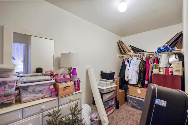 walk in closet featuring carpet floors