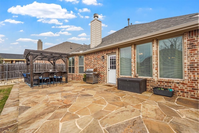 view of patio / terrace featuring area for grilling, a fenced backyard, and a pergola