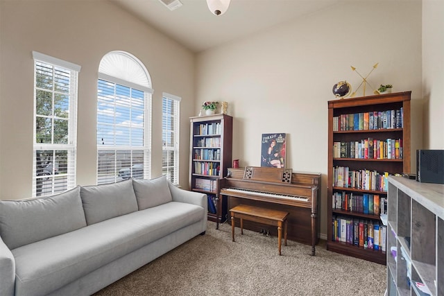 living area featuring carpet floors