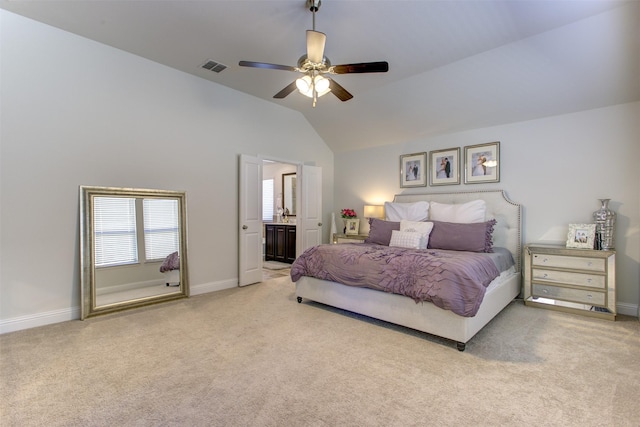 bedroom featuring carpet flooring, baseboards, visible vents, and vaulted ceiling