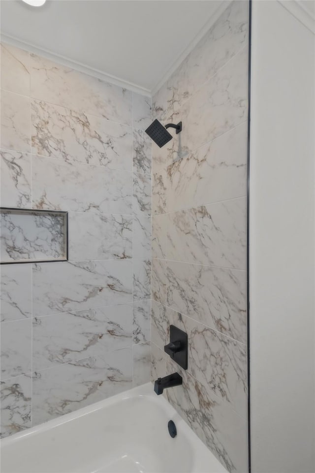 full bathroom with bathtub / shower combination and ornamental molding