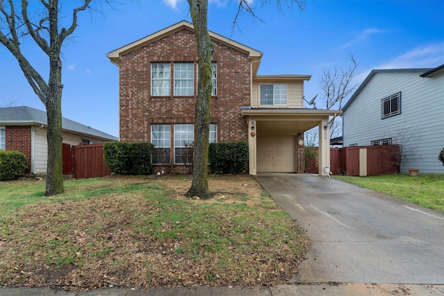 traditional-style home featuring concrete driveway, a garage, fence, and brick siding