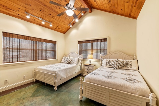 bedroom with track lighting, baseboards, wood ceiling, vaulted ceiling, and a ceiling fan