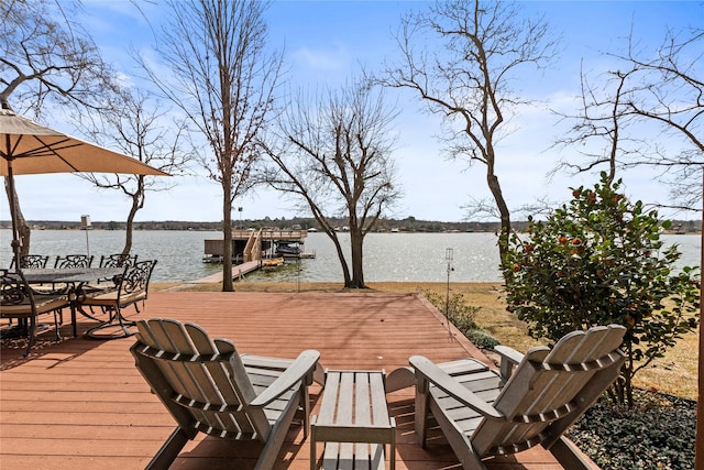 wooden terrace with a water view and a boat dock