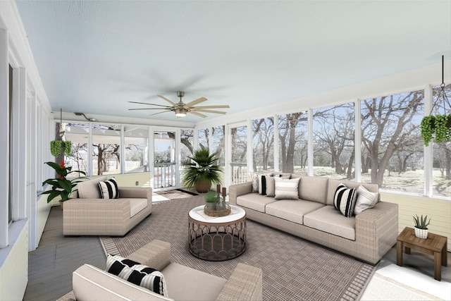 sunroom with ceiling fan