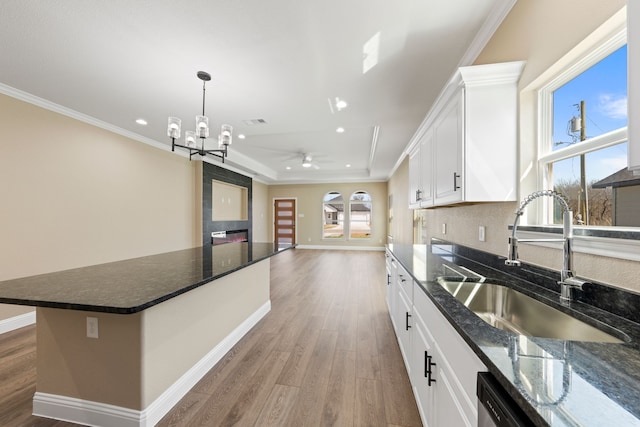 kitchen with baseboards, a tray ceiling, wood finished floors, white cabinets, and a sink