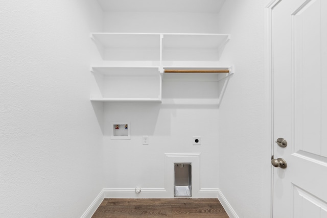 washroom with washer hookup, laundry area, baseboards, hookup for an electric dryer, and dark wood-style flooring