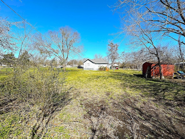 view of yard featuring a storage unit and an outbuilding